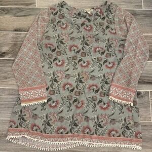 One World Womens Shirt Long Sleeve Semi-Sheer Boho Floral Bloomcore M Career